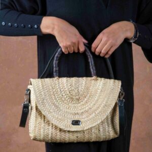 Merzouga Straw Bag – Handmade Black Palm Leaf Bag with Leather