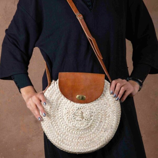 Marrakech Round Palm Leaf Bag with Cover – Handmade Moroccan
