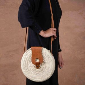 Marrakech Round Palm Leaf Bag – Handwoven Tote with Leather