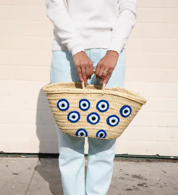 Moroccan Straw Bag – French Market Basket with Eyes Design