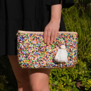 Straw Clutch with Multi-Colored Sequins – Handcrafted Moroccan Evening Bag with Removable Wristlet