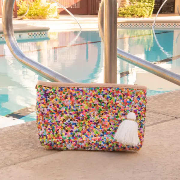Straw Clutch with Multi-Colored Sequins – Handcrafted Moroccan Evening Bag with Removable Wristlet
