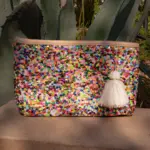 Straw Clutch with Multi-Colored Sequins – Handcrafted Moroccan Evening Bag with Removable Wristlet
