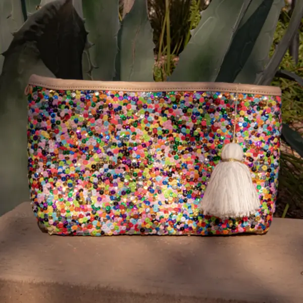 Straw Clutch with Multi-Colored Sequins – Handcrafted Moroccan Evening Bag with Removable Wristlet