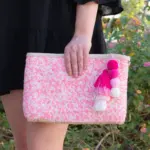 Straw Clutch with Pink Sequins – Handcrafted Moroccan Evening Bag with Removable Wristlet