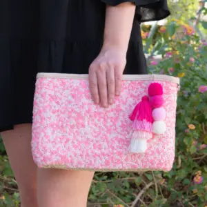 Straw Clutch with Pink Sequins – Handcrafted Moroccan Evening Bag with Removable Wristlet