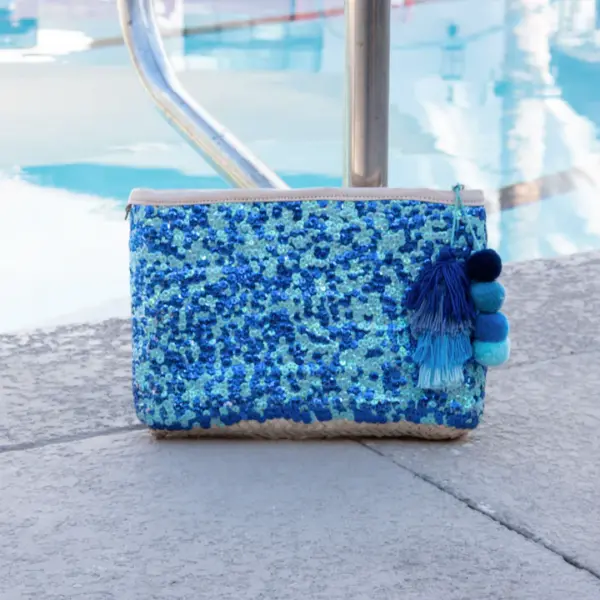 Straw Clutch with Blue Sequins – Handcrafted Moroccan Bag with Adjustable Straps and Handles