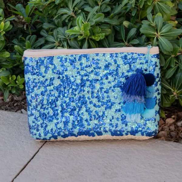 Straw Clutch with Blue Sequins – Handcrafted Moroccan Bag with Adjustable Straps and Handles