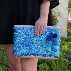 Straw Clutch with Blue Sequins – Handcrafted Moroccan Bag with Adjustable Straps and Handles