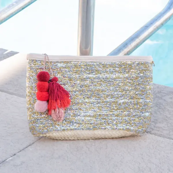 Straw Clutch with Gold and Silver Sequins – Handcrafted Moroco