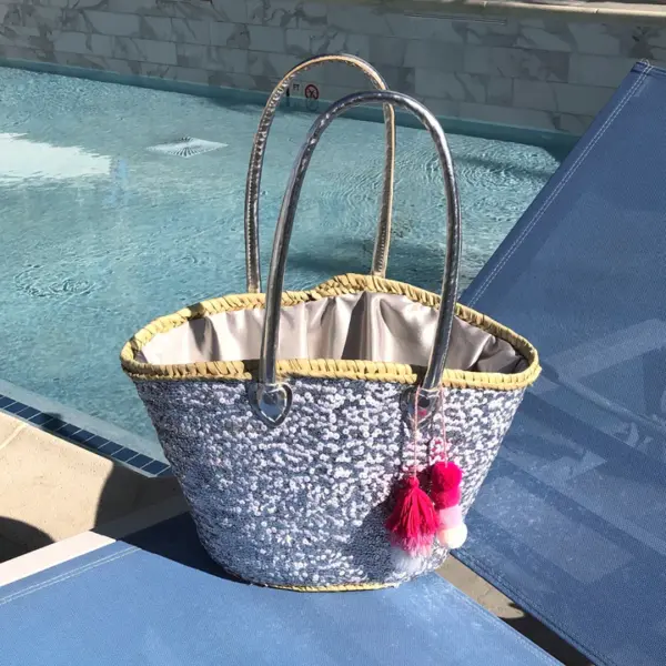 Medium Straw Shoulder Bag – Handcrafted Moroccan Tote with White & Silver Sequins