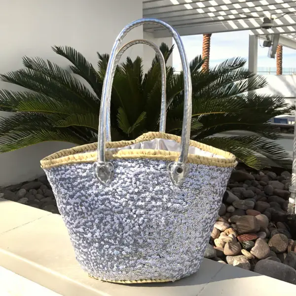 Medium Straw Shoulder Bag – Handcrafted Moroccan Tote with White & Silver Sequins
