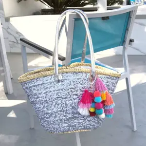 Medium Straw Shoulder Bag – Handcrafted Moroccan Tote with White & Silver Sequins