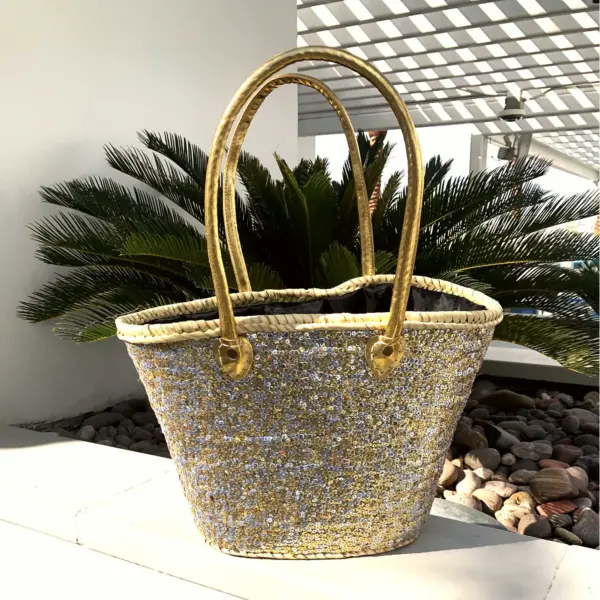 Medium Straw Shoulder Bag – Handcrafted Moroccan Tote with Gold & Silver Sequins