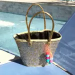 Medium Straw Shoulder Bag – Handcrafted Moroccan Tote with Gold & Silver Sequins