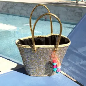 Medium Straw Shoulder Bag – Handcrafted Moroccan Tote with Gold & Silver Sequins