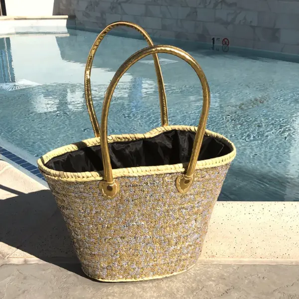 Medium Straw Shoulder Bag – Handcrafted Moroccan Tote with Gold & Silver Sequins