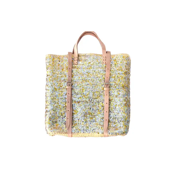 Straw Backpack with Gold and Silver Sequins – Handcrafted Moroccan Backpack with Leather Straps