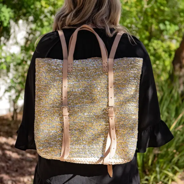 Straw Backpack with Gold and Silver Sequins – Handcrafted Moroccan Backpack with Leather Straps