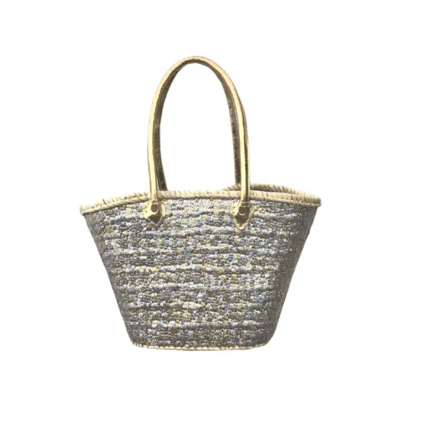 Medium Straw Shoulder Bag – Handcrafted Moroccan Tote with Gold & Silver Sequins
