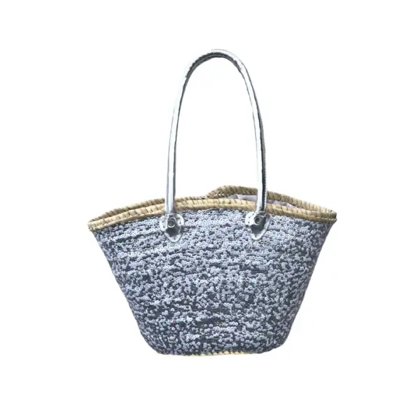 Medium Straw Shoulder Bag – Handcrafted Moroccan Tote with White & Silver Sequins