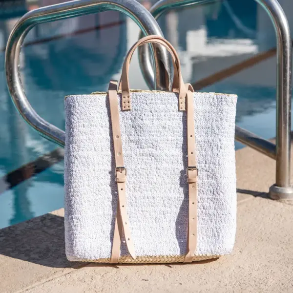 Straw Backpack with White Sequins – Handcrafted Moroccan Backpack with Leather Straps