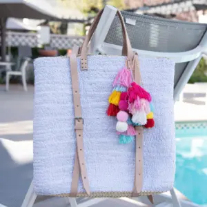 Straw Backpack with White Sequins – Handcrafted Moroccan Backpack with Leather Straps