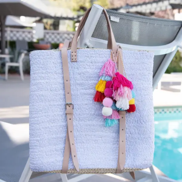 Straw Backpack with White Sequins – Handcrafted Moroccan Backpack with Leather Straps