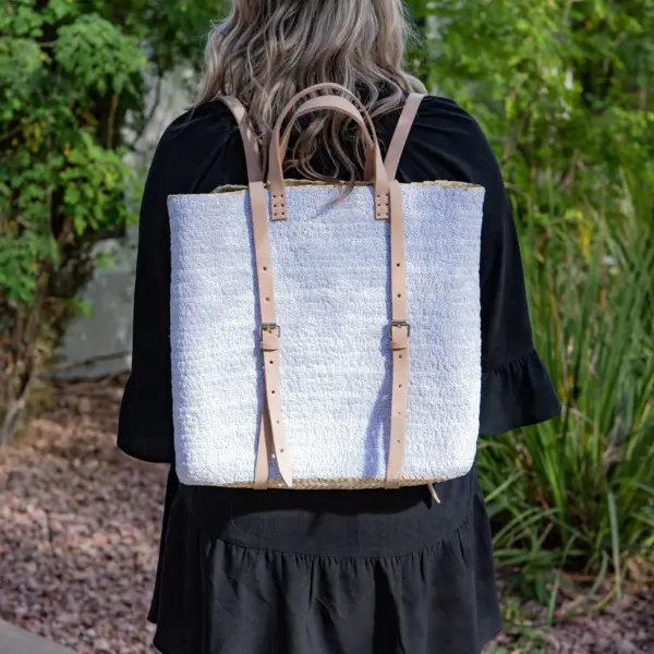 Straw Backpack with White Sequins – Handcrafted Moroccan Backpack with Leather Straps