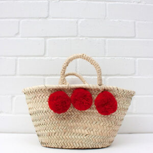 Mini Palm Baskets with Pompoms – Handmade Moroccan Storage or Gift Basket