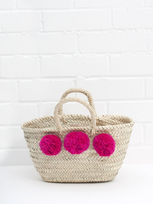 Mini Palm Baskets with Pompoms – Handmade Moroccan Storage or Gift Basket