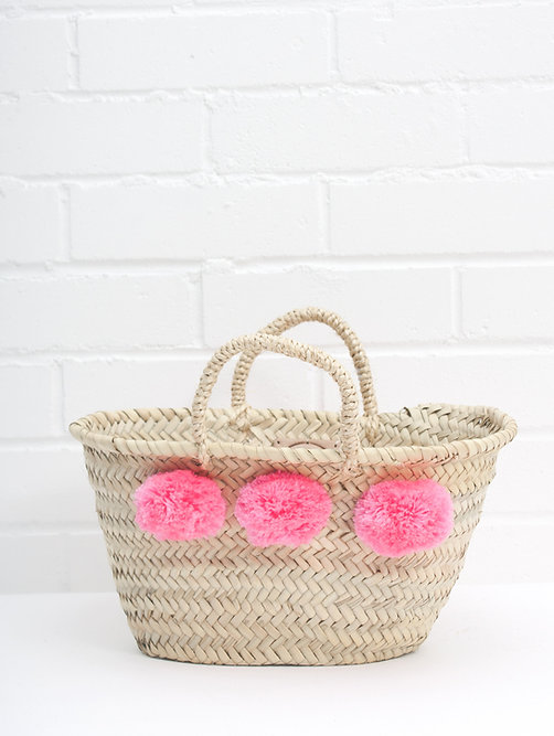 Mini Palm Baskets with Pompoms – Handmade Moroccan Storage or Gift Basket