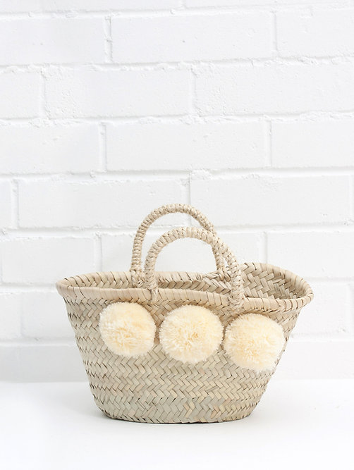 Mini Palm Baskets with Pompoms – Handmade Moroccan Storage or Gift Basket