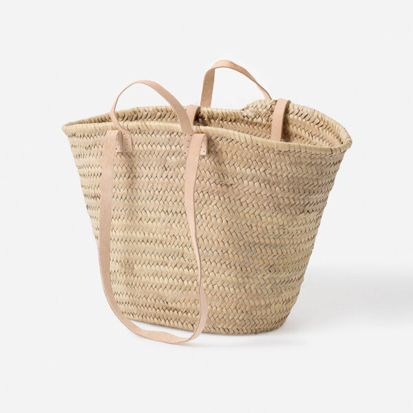 Moroccan Basket with Long Leather Handles – Handwoven Palm