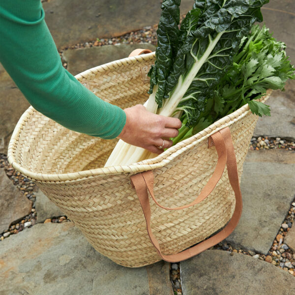 Moroccan Basket with Long Leather Handles – Handwoven Palm