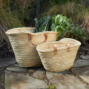 Moroccan Basket with Long Leather Handles – Handwoven Palm
