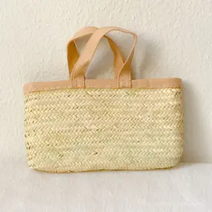 Moroccan Palm Leaf Bag – A5 Rectangle Basket with Colored Leather Handle