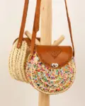 Custom Round Straw Bag – Hand-Painted Palm Leaf & Sequins –
