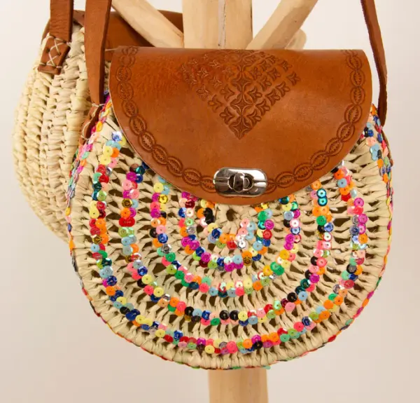 Custom Round Straw Bag – Hand-Painted Palm Leaf & Sequins –
