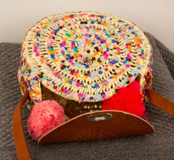 Custom Round Straw Bag – Hand-Painted Palm Leaf & Sequins –