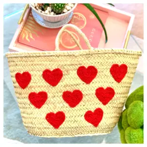 Handmade French Market Straw Bag with Hearts – 18” Palm Leaf