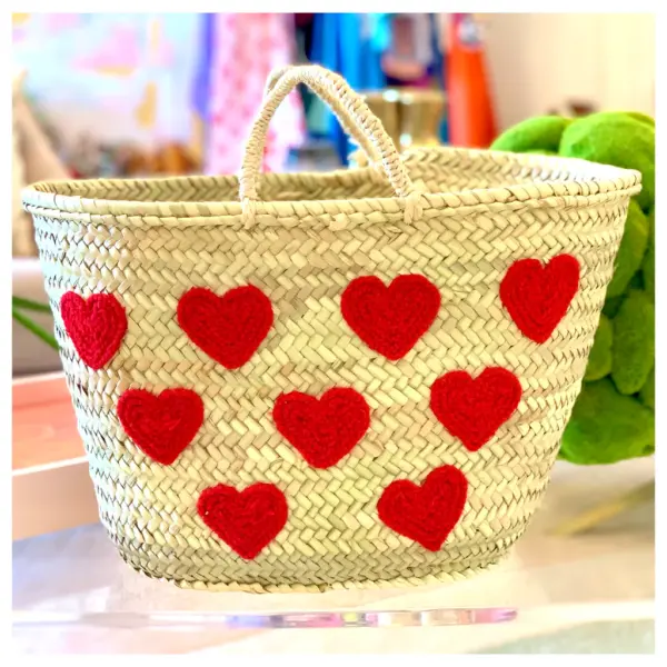 Handmade French Market Straw Bag with Hearts – 18” Palm Leaf