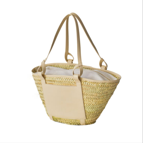 Natural Beach Bag – Luxury Palm Leaf Basket with Leather Patches and handles