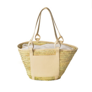 Natural Beach Bag – Luxury Palm Leaf Basket with Leather Patches and handles