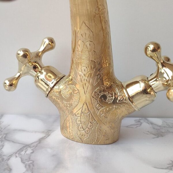 Unlacquered Brass Bathroom Faucet – Hand Engraved Double Handle Mixer Tap