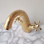 Unlacquered Brass Bathroom Faucet – Hand Engraved Double Handle Mixer Tap