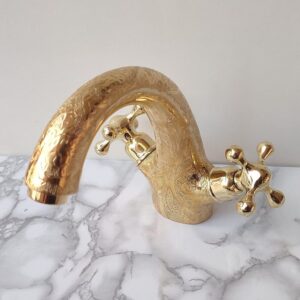 Unlacquered Brass Bathroom Faucet – Hand Engraved Double Handle Mixer Tap