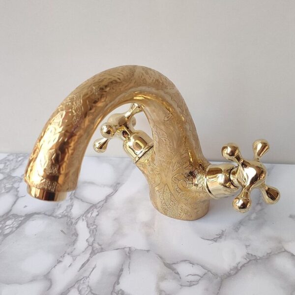 Unlacquered Brass Bathroom Faucet – Hand Engraved Double Handle Mixer Tap
