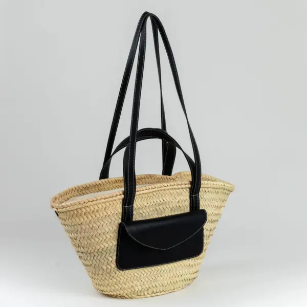 Black Straw Bag – Luxury Palm Leaf Tote with Leather Handles