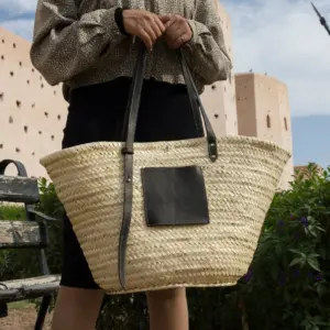 Black Straw Bag – Luxury Palm Leaf Tote with Leather Handles